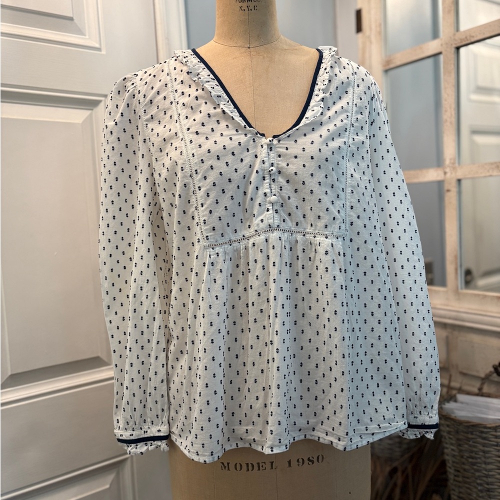 Ann Taylor Boho Cottage-core Pheasant White and Black Polka Dot Blouse SZ L